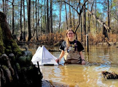 Elizabeth Sicking in a stream, collecting insects